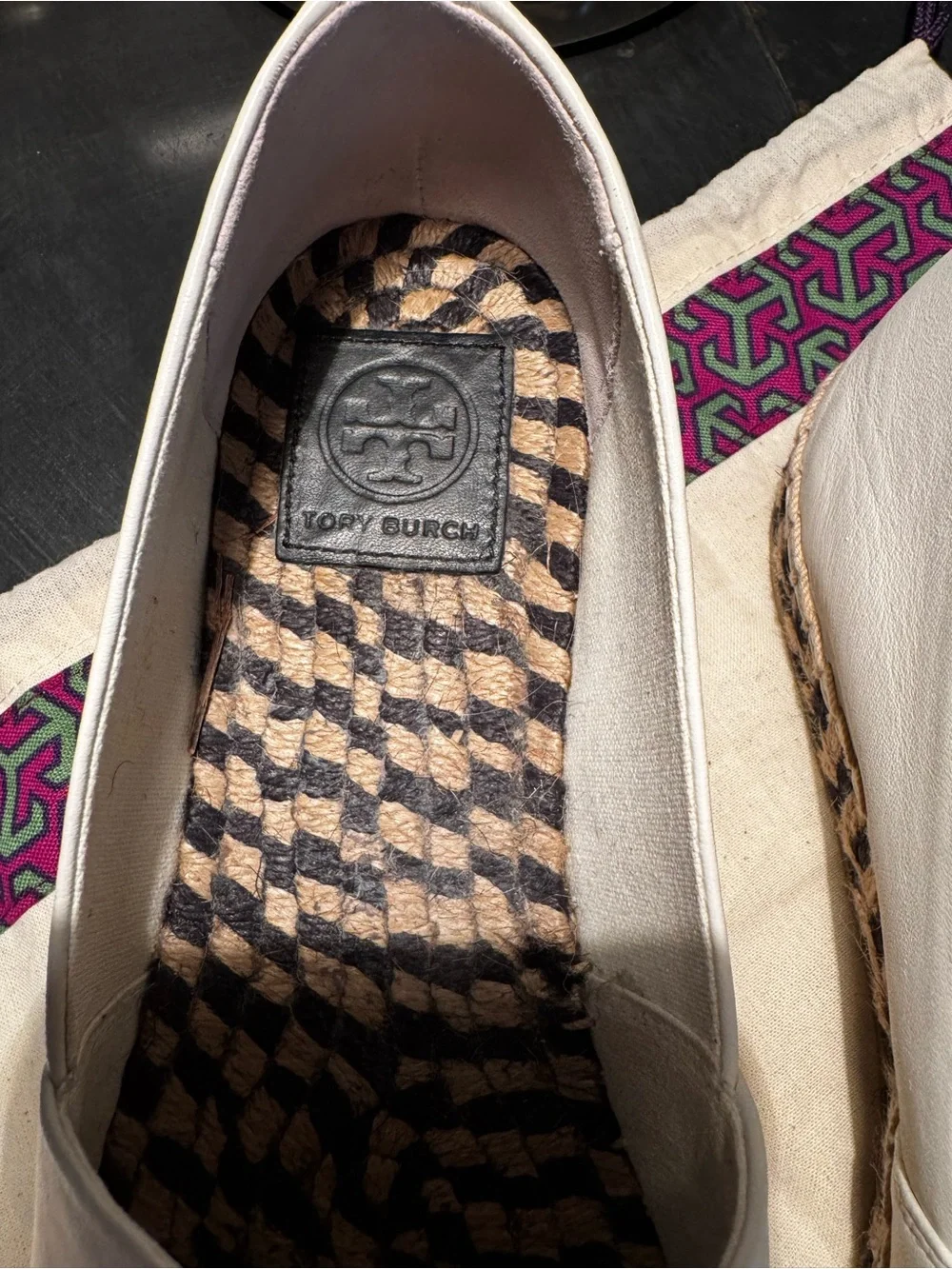 Tory Burch Two-Tone Creme and Black Leather Espadrille Flats